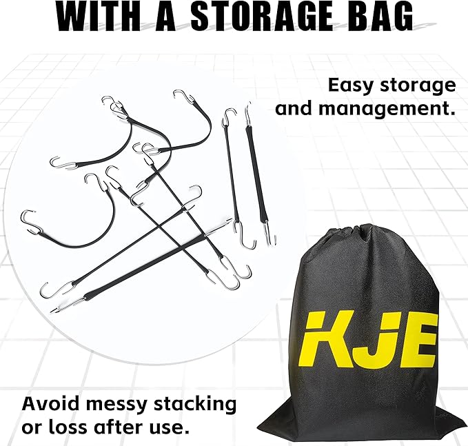 KJE 10Pack (10'', 15", 21", 31") Rubber Bungee Cords with S Hooks - Heavy Duty Black Bungee Straps, EPDM - Load 180 lbs, Outdoor Tie Downs, Securing Tarps & Canvases & Cargo in Cold Hot Climates