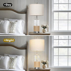 25" Coastal Glass Lamps Set of 2, Touch Control 3-Way Dimmable Night Light Modern Table Lamp with USB A+C Ports & AC Outlets Linen Fabric Shade for Living Room Bedroom Silver Ocean(LED Bulbs Included)