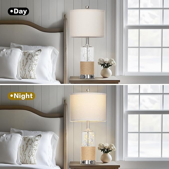 25" Coastal Glass Lamps Set of 2, Touch Control 3-Way Dimmable Night Light Modern Table Lamp with USB A+C Ports & AC Outlets Linen Fabric Shade for Living Room Bedroom Silver Ocean(LED Bulbs Included)