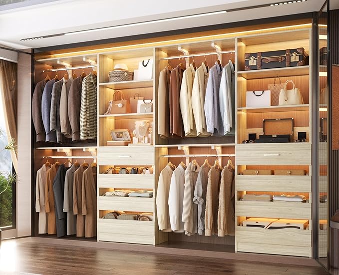 Aheaplus Closet System with 8 Wooden Drawers, Wood Closet Organizer System with Tower, Walk-in Closet Organizer Wardrobe Clothes Rack with 4 Hanging Rods, Garment Rack, Cut to Fit 7-12Ft, White Oak