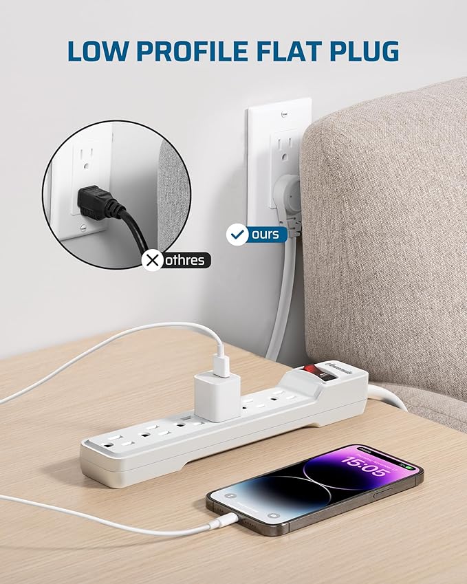 DEWENWILS 2-Pack 6-Outlet Power Strip Surge Protector with 6Ft Long Extension Cord, Low Profile Flat Plug, 15 Amp Circuit Breaker, 500 Joules, Wall Mount, White, UL Listed