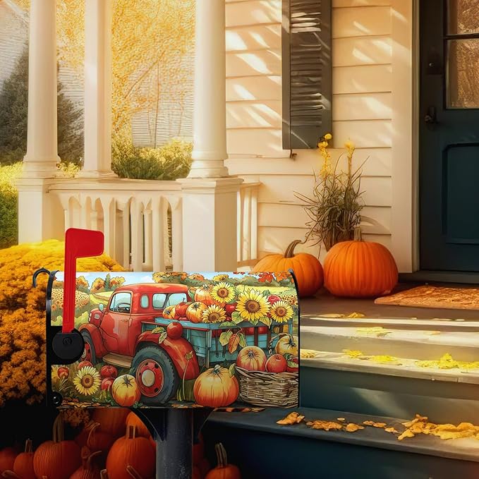 Fall Pumpkins Sunflower Mailbox Covers Magnetic Standard Size 21 X 18 Inch Autumn Red Truck Harvest Mailbox Wraps Cover Thanksgiving Letterbox Cover for Garden Yard Outdoor Decor