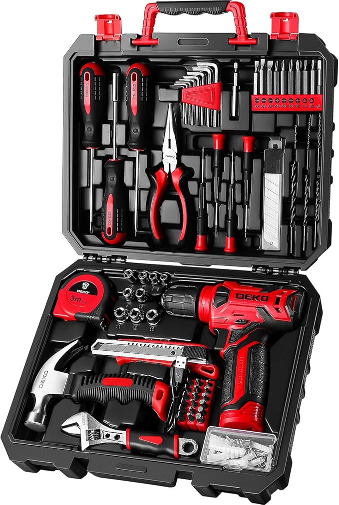 DEKOPRO Drill Set: Tool Set with 8V Red Cordless Drill, Home Tool Kit with Drill, Hand Tool Kits for Women 126 Piece