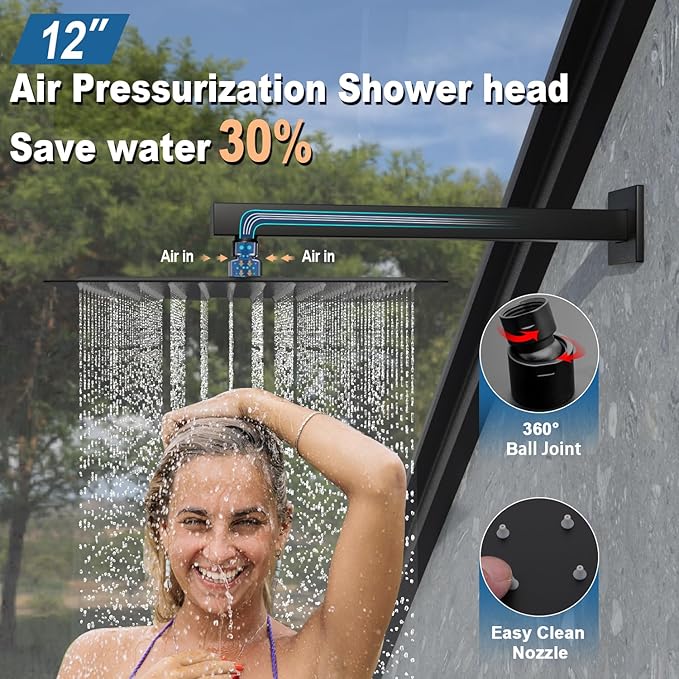Enga Shower System with Body Jets, 12 Inch Wall Mount Rainfall Shower System and Handheld Body Spray Shower Faucets sets Combo with Rough-in Valve, Matte Black