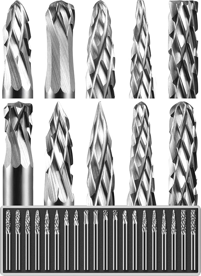 20 Pcs Carbide Burr Set 1/8" Shank Compatible with Dremel Bits Rotary Tools Attachment Kit Rasp Drill File Accessories Metal Wood Stone Steel Grinding Carving Cutting Polishing Solid Tungsten