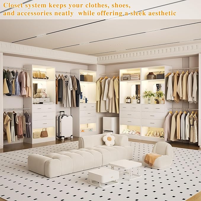 Unikito Closet Systems, 6-14FT Walk in Closet Organizer with 8 Drawers and Mirror, 168" Large Wood Closets Insert with Tower, Sturdy Wardrobe Closets Garment Rack with Extendable Hanging Rods, White