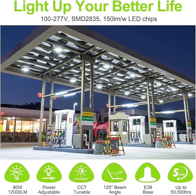 LED Corn Light Bulb 80W 64W 48W Adjustable, E39 Base LED Light Bulb 5700K 5000K 4500K, DLC ETL Listed 12,000LM Commercial High Bay Fixture for Warehouse Shoebox Park lot Area Lighting, AC 100V-277