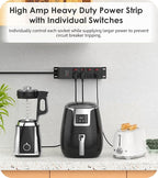 CCCEI Heavy Duty Surge Protector Power Strip 20 Amp Individual Switches. 6FT 12 Gauge Extension Cord with Multiple Outlets. Kitchen, Garage, Shop, Industrial Wall Mount Electric Extender, Black.