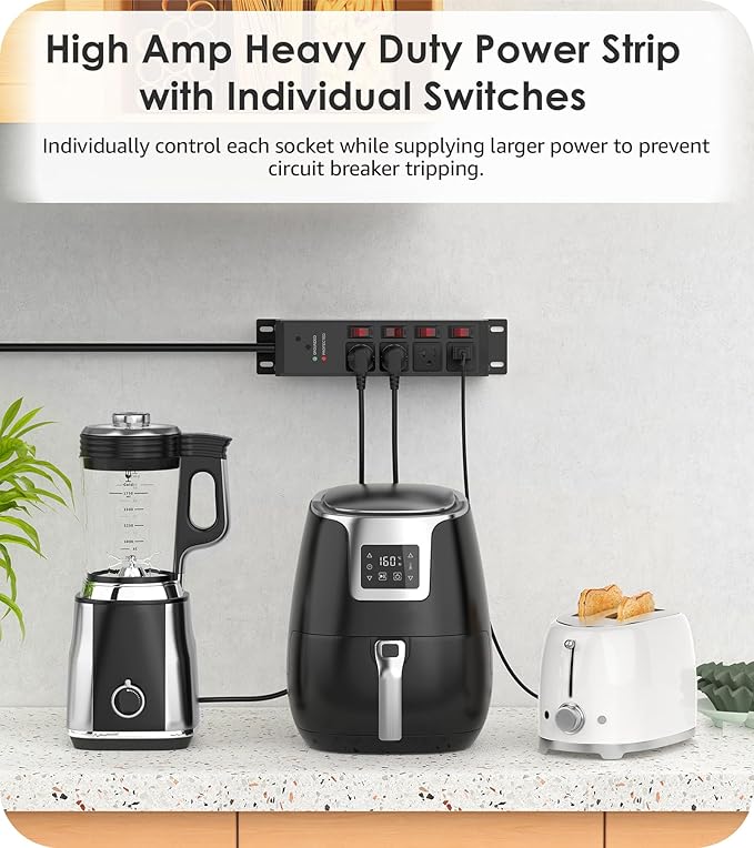 CCCEI Heavy Duty Surge Protector Power Strip 20 Amp Individual Switches. 6FT 12 Gauge Extension Cord with Multiple Outlets. Kitchen, Garage, Shop, Industrial Wall Mount Electric Extender, Black.