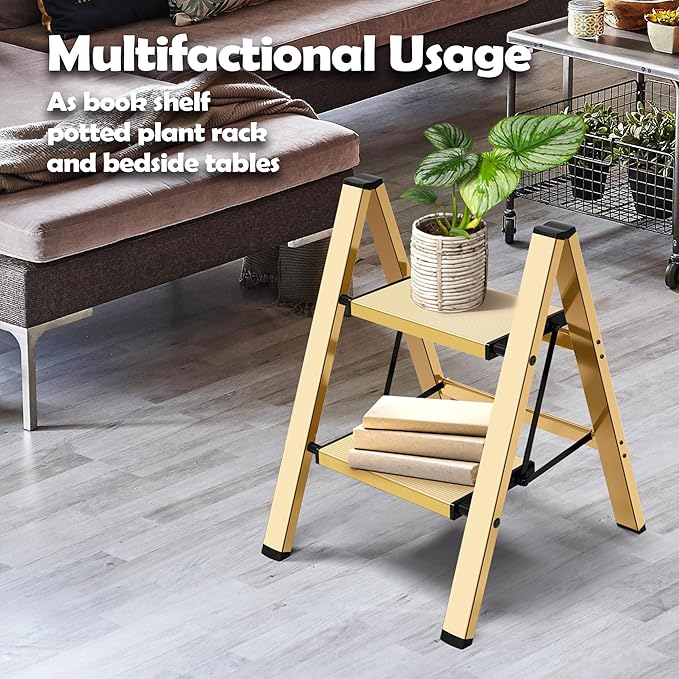 Taranta 2 Step Ladder,Aluminum Lightweight Folding 2 Step Stool with Anti-Slip Wide Pedal,330lbs Capacity Step Ladder for Household,Kitchen,Office - Gold