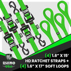 Rhino USA Ratchet Straps Heavy Duty Kit (4-Pack) - 1.6 Inch x 15 Feet (5,208lb Break Strength) - Ultimate Tie Down Straps with Safety S Hooks for Trucks, ATV, UTV, Motorcycle, Cargo & More - Green