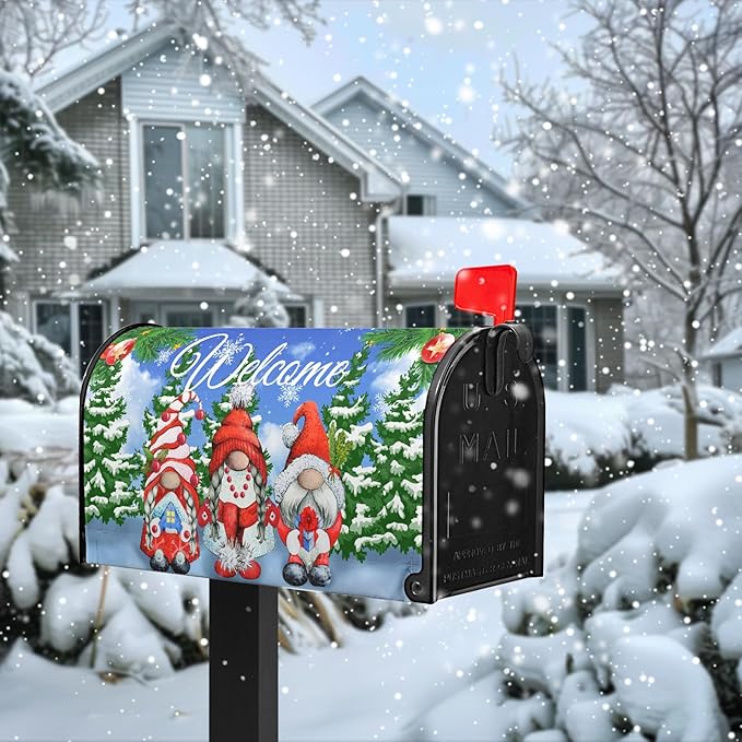 Winter Gnome Welcome Mailbox Covers Magnetic Lrage Size Pine Tree Mailbox Post Cover Snowflake Mailbox Wraps Oversized Waterproof Xmas Decor for Yard Garden 21 X 25.5 Inch