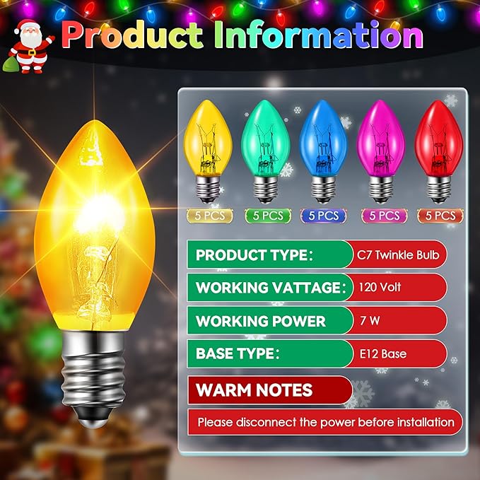 25 Pack Twinkle Christmas Replacement Bulbs, 7W Random Blinking Light Bulbs for Christmas String Light, Nightlights (Colorful,C7,E12 Intermediate Base)