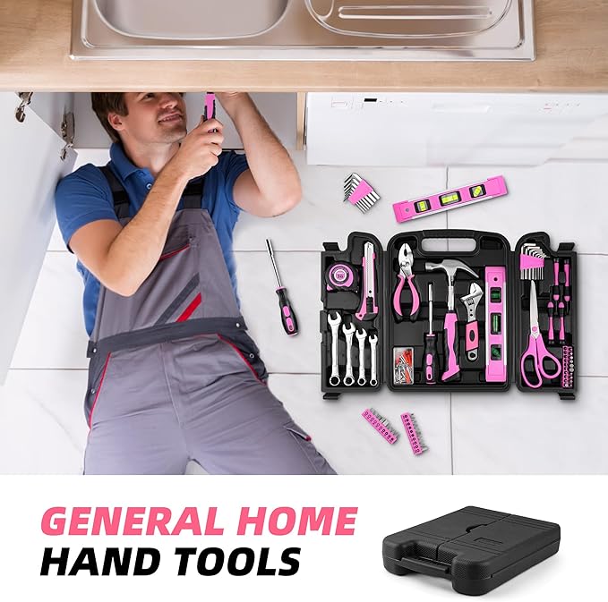 125 PCS Pink Household Tool Set, Pink Ladies Basic House DIY Toolkit Set for Home Garage Office College Dormitory Use, Hand Tool Kits for Women