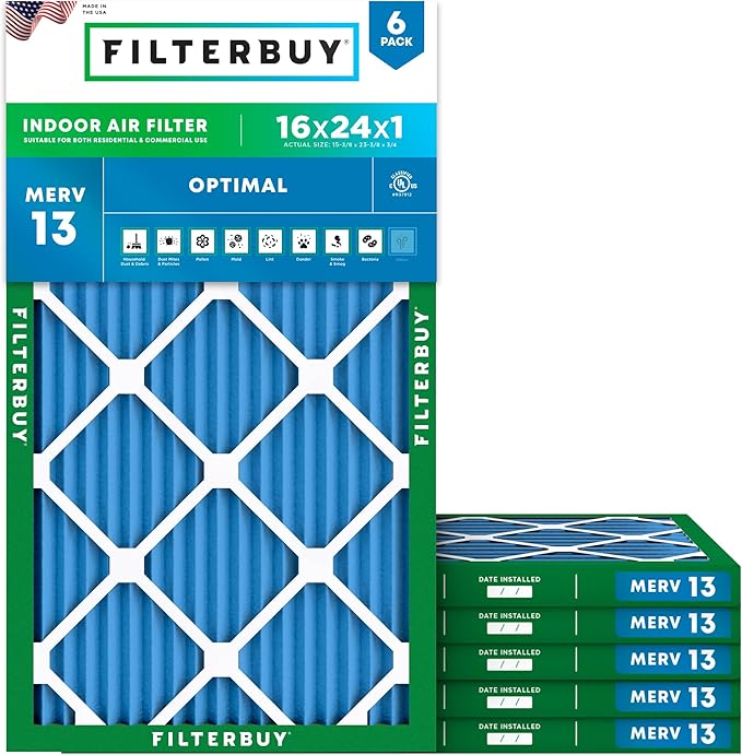 Filterbuy 16x24x1 Air Filter MERV 13 (MPR 1900) Health Defense Replacement (6-Pack), Electrostatic Pleated HVAC AC Furnace Filters, Made in USA (Actual Size: 15.38 x 23.38 x 0.75)