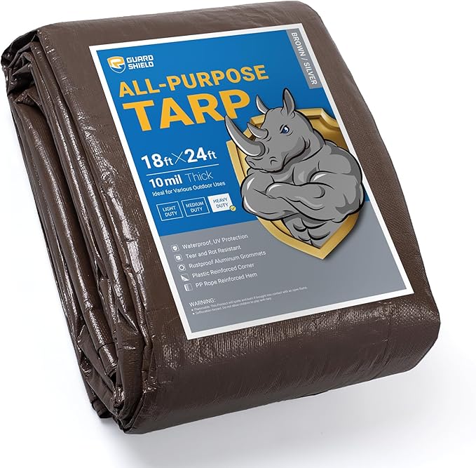 GUARD SHIELD Tarps Heavy Duty Waterproof 18x24 Feet Brown/Bright Silver Poly Tarp Cover Square Outdoor Thick UV Resistant Tarpaulin with Grommets 10mil
