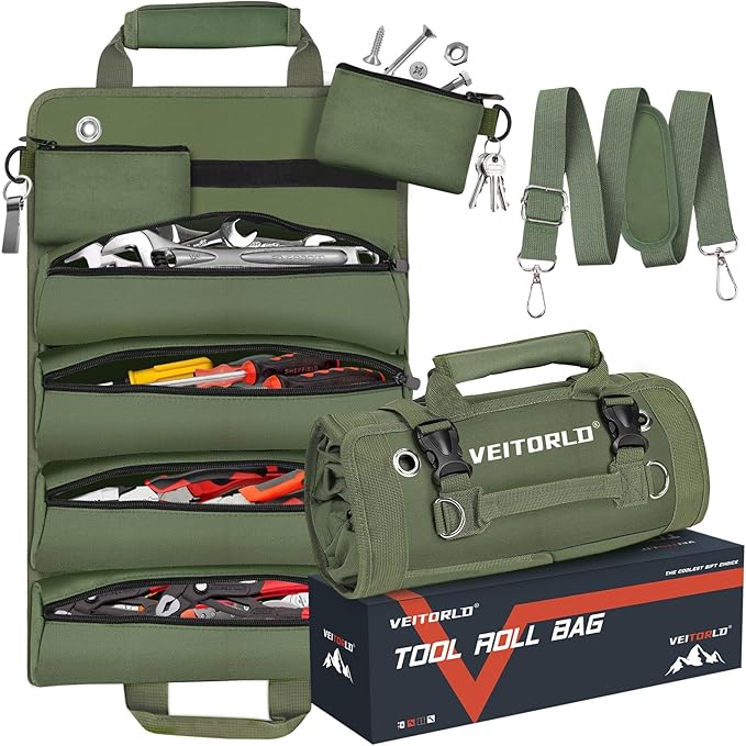 Roll Up Tool Bag, Gifts for Men Dad Husband Him Christmas, Mens Stocking Stuffers, Portable Tools Storage for Men, Heavy Duty Tool Organizer W/Detachable Pouches for Electrician Mechanic Carpenter