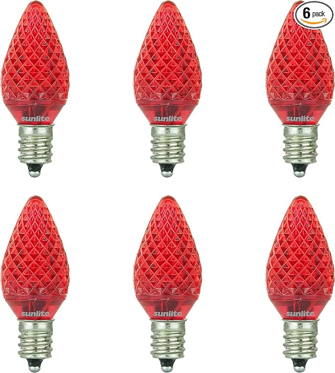 Sunlite 80702 LED C7 Holiday Decorative Light Bulb, 0.4 Watts, E12 Candelabra Base, Faceted Christmas-Lights; Nightlight, Red 6 Count