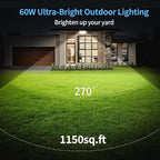 Olafus 60W Flood Lights Dusk to Dawn Outdoor Lighting, IP65 Waterproof LED Security Light with Photocell, 6000LM Dusk Dawn Outside Light, 6500K White Exterior Floodlight for Yard Garden Porch White