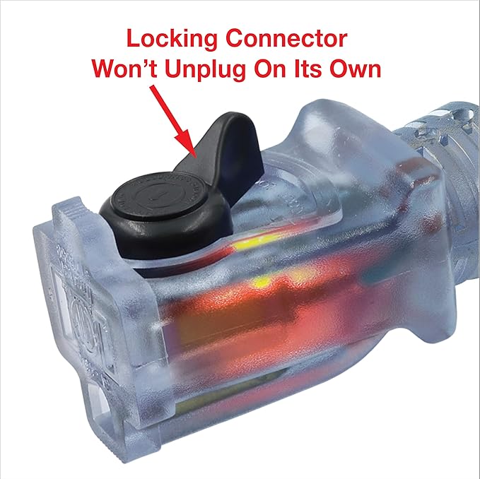 Clear Power 80 ft Outdoor Extension Cord 16/3 SJTW with Lighted Locking Connector, Black, Water & Weather Resistant, Flame Retardant, 3 Prong Grounded Plug, CP10128