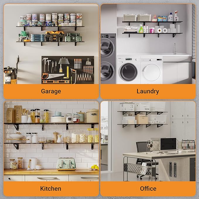 1x6 ft Garage Shelving, 2-Pack Wall-Mounted Shelves for Garage, Kitchen, Pantry Storage, 600 lbs Total Load Capacity Shelving, Black