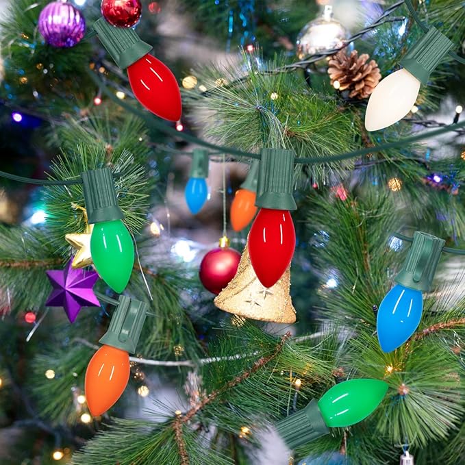 25 Pack Multicolor C7 Christmas Lights Replacement Bulbs Vintage Ceramic Multi-Colored Light Bulbs for Christmas Tree & Indoor Outdoor Xmas Lights C7 Replacement Bulbs, E12 Base, 5W