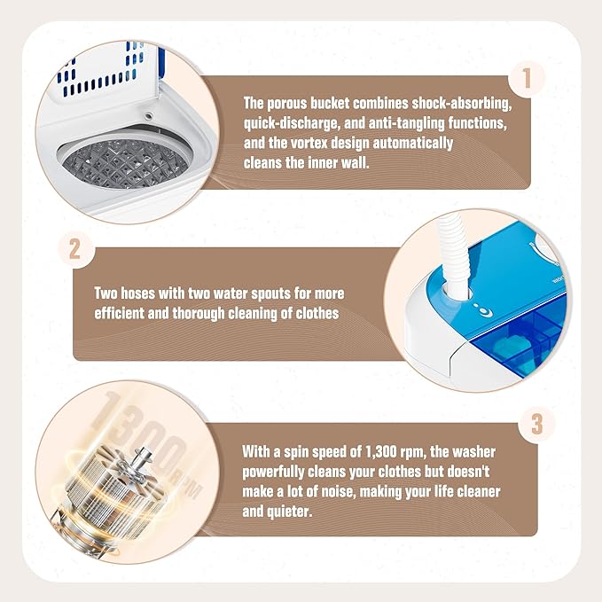 Bonusall Portable Washing Machine，16 lbs Mini Washer and Spin Dryer Combo, Built-in Gravity Drain,Compact Laundry Washer with Drain Pump & Timer Control for Apartments, Dorms, RVs- Blue