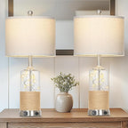 25" Coastal Glass Lamps Set of 2, Touch Control 3-Way Dimmable Night Light Modern Table Lamp with USB A+C Ports & AC Outlets Linen Fabric Shade for Living Room Bedroom Silver Ocean(LED Bulbs Included)