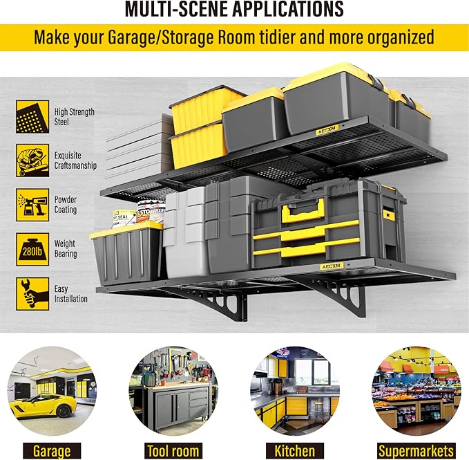 2-Pack 1.64x4ft Adjustable Garage Wall Shelving 560lbs Load Capacity Heavy Duty Wall Mounted Storage Shelf Metal Floating Shelves for Garage(Black)