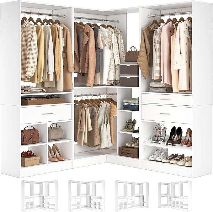 Unikito 86” Corner Closet System, Modular Closets Organizer with 4 Hanging Rods and Storage Shelves, Freestanding Adjustable Wood Clothes Garment Rack with Drawers, Sturdy Walk in Closet Tower, White