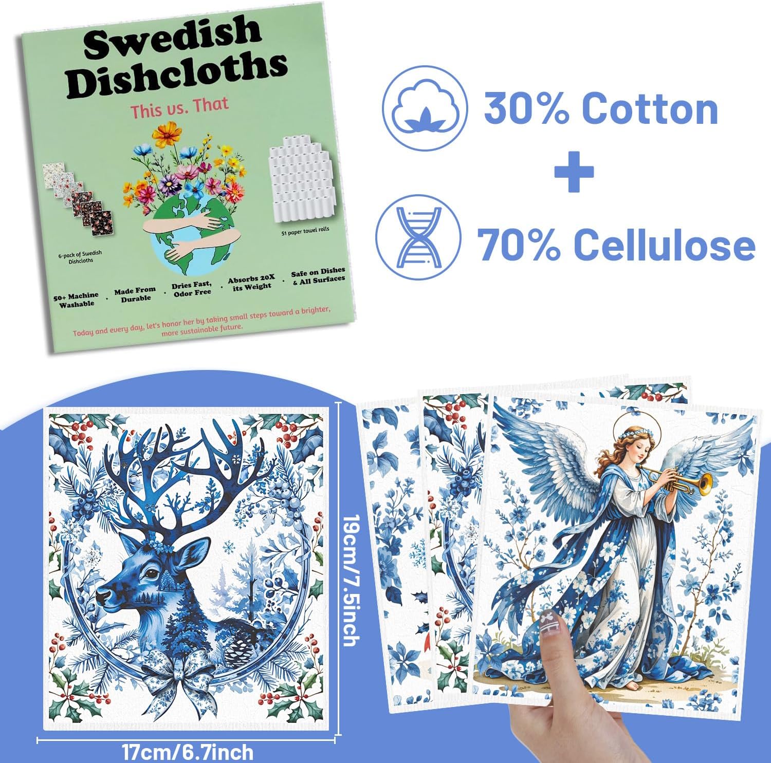 Winter Swedish Dishcloths for Kitchen, 6PCS Christmas Swedish Dish Cloths Gift Set, Vintage Reusable Washable Absorbent Dish Towel for Home Cleaning(7.8 X 7 Inches)