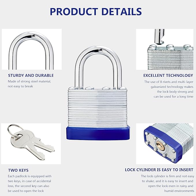 Lock Outdoor Padlocks, Laminated keyed Padlock, 1-9/16 in Wide Body, Padlock Set with Keys (48Pack)