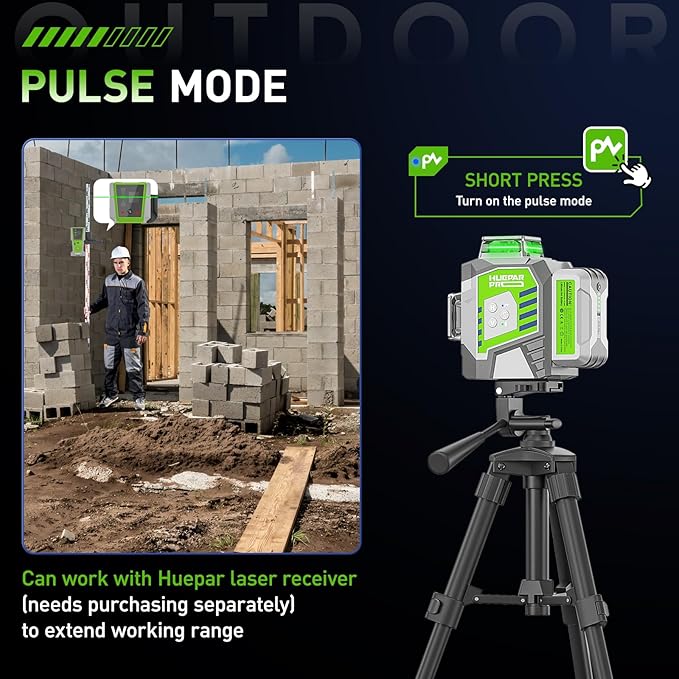 HueparPro Laser Level 3 x 360 Self Leveling Green Beam Laser Tool, High Accuracy Professional 3D Cross Line Laser with 8000mAh Rechargeable Li-ion Battery, Magnetic Bracket & Hard Carry Case ZK03CG