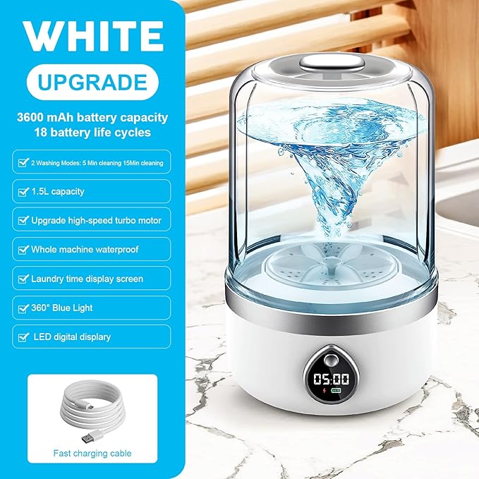 Portable Washing Machine, 1.5L Underwear Washer Rechargeable Cordless Makeup Sponges Cleaner Deep Clean Socks, Underwear, Baby Clothes, Washing Machine for Apartment, Dorm, Camping(White)