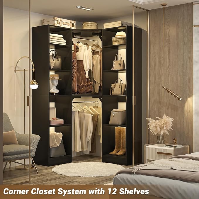 Corner Closet System with 12 Shelves, 39.2" Corner Closet Organizer System with 2 Hanging Rods, Versatile 6-Tier Walk-in Closets for Corner Space, Black (39.2" L x 39.2" W x 80" H)