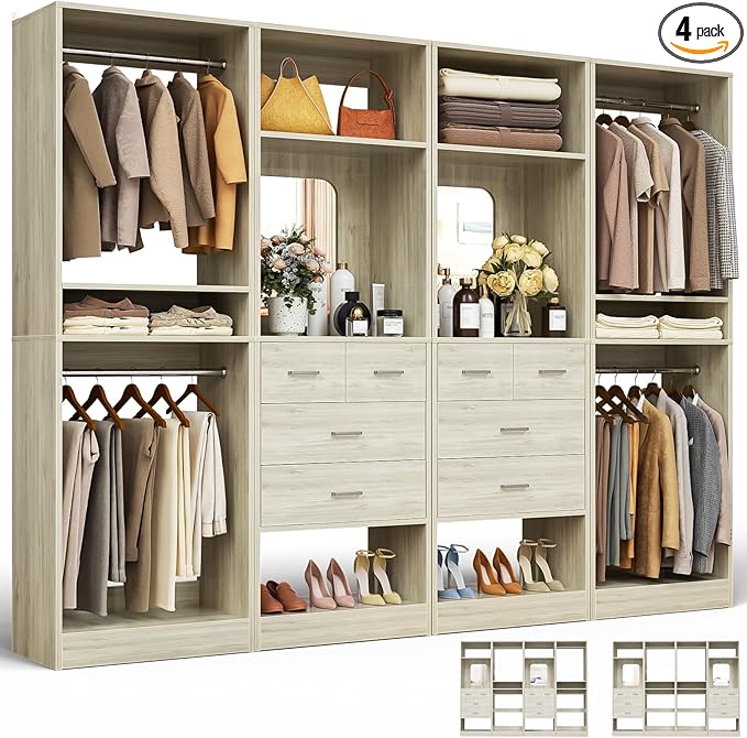 Unikito 100” Closet System with Drawers, 8.3FT Wood Closet Organizer with Hanging Rods and Mirror Design, Reversible Large Walk in Closets Tower Garment Racks with Shelves, White Oak