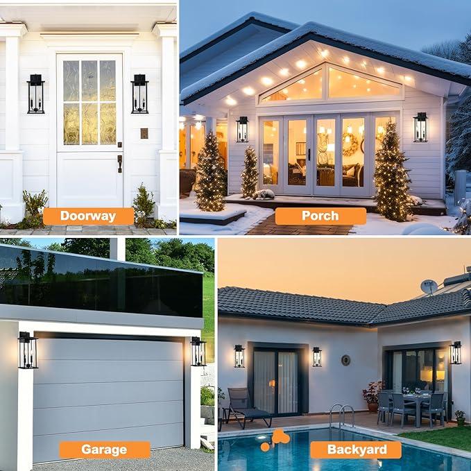 16" Large Dusk to Dawn Outdoo Wall Light Fixtures, Black 2-Pack Exterior Front Porch Light, 2-Light Outdoor Wall Sconce for Outside Patio, Waterproof Exterior Wall Lamp Lighting