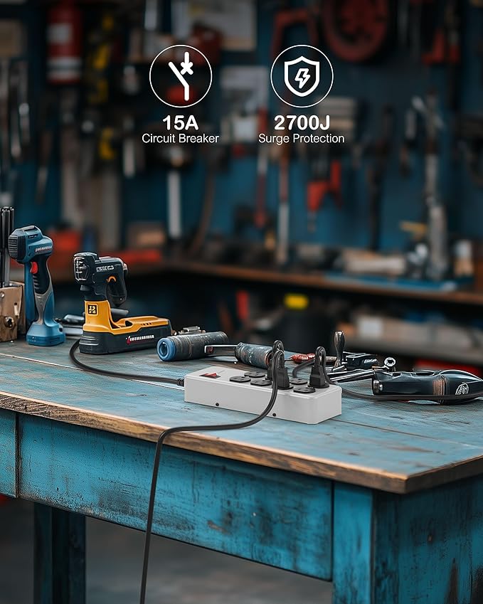 Heavy Duty Power Strip,Industrial Heavy Metal Case Surge Protector,8 AC Outlets,15Amp,2700 Joules,Protected' Indicator,14 Gauge Cord (Grey, 6FT Length)