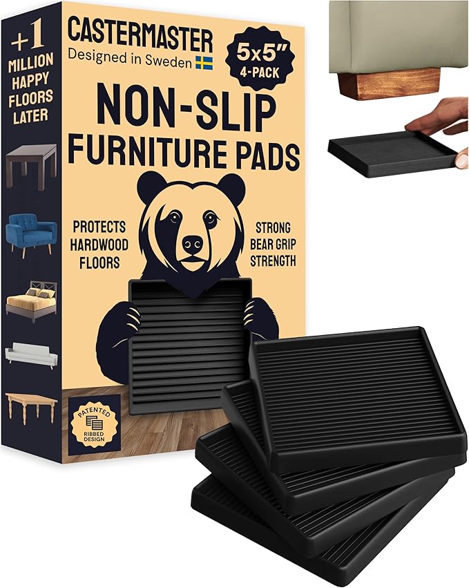 CasterMaster Non-Slip Furniture Pads for Hardwood Floors - 5 in x 5 in Pack of 4 - Black - Heavy-Duty Rubber Feet & Floor Protectors for Furniture - Noise-Dampening Anti-Skid Caster Cups
