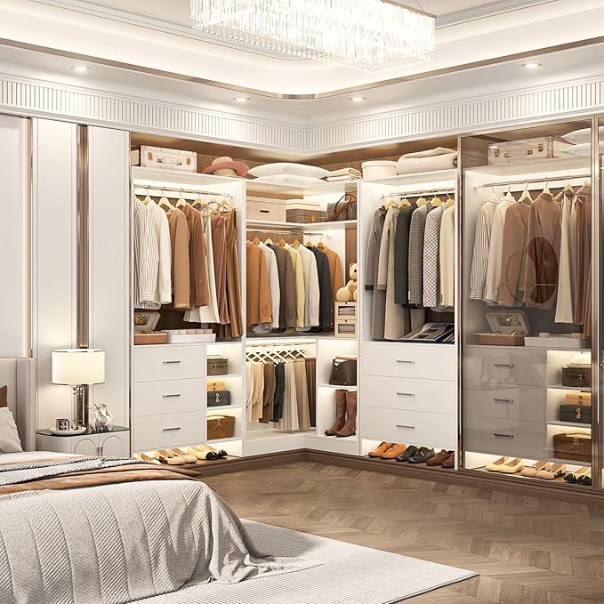 Aheaplus Closet System with 3 Sets, 86.8" Closet Organizer System with 6 Drawers & 4 Hanging Rods, L Shaped Walk-in Closets, Wardrobe Set, Corner Tower, Garment Rack Load 2000+LBS, -X1,White
