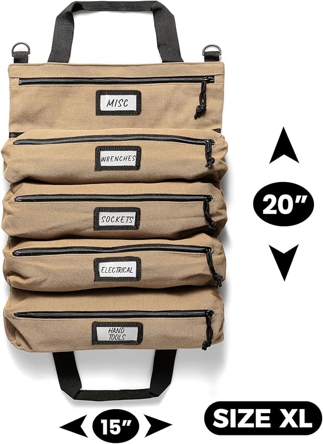 Official Voyager Tool Roll Bag - Easy to Carry 5-Pocket Roll Up Tool Bag - Durable 20oz Canvas, Rust-Proof YKK Zippers & Secure Buckle - A Gift for Dads, Mechanics, Electricians & Hobbyists | Khaki