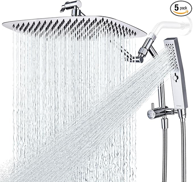 G-Promise All Metal 14 Inch Shower Head with Massage Mode Handheld, Rain Shower Head with Handheld Spray Combo, 3-Way Diverter with Pause Setting, 12 Inch Adjustable Extension Arm (Chrome)