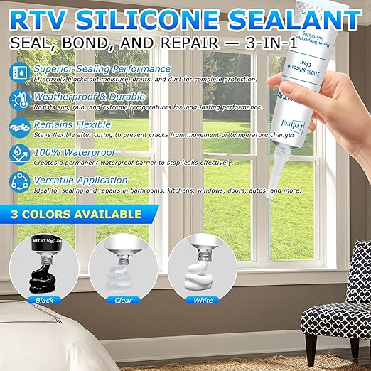 Clear Silicone Sealant & Adhesive RTV Transparent 100% Silicone Caulk Waterproof High Strength All-Purpose Shrink & Crack Proof Caulking for Kitchen, Bathroom, Windows & Car -1.8oz/50g