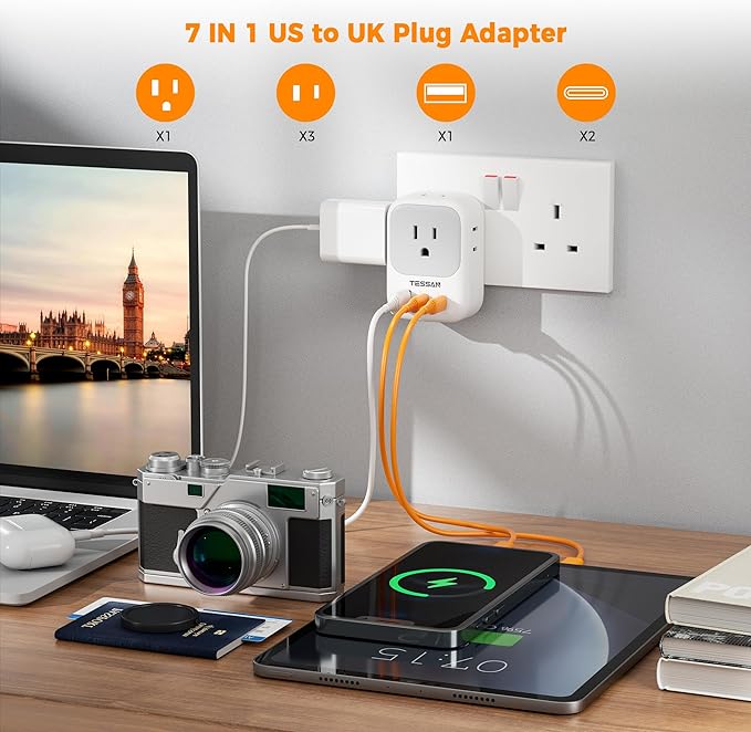 TESSAN US to UK Plug Adapter, Type G Travel Adaptor with 4 Electrical Outlets 3 USB Ports (2 USB C), Ireland Power Adapter for USA to England London Scotland Dubai Singapore Qatar Kenya British