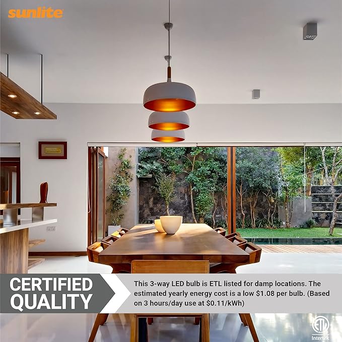 Sunlite 40421 3-Way LED A19 Light Bulb, 5/9/15 Watts (40W 60W 100W Equivalent), 500-1000-1600 Lumens, Medium E26 Base, Omni-Directional, ETL Listed, Frost, 4000K Cool White, 6 Count