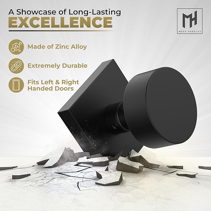 Mega Handles SUANA Dummy Door Knob for Hallway, Closet and Bathroom, Reversible Heavy Duty Design Door Knobs, Fits All Standard Door Sizes, Screws Included - Matte Black (2 Pack)