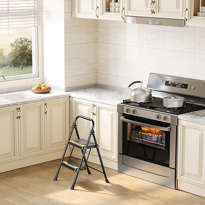 2 Step Ladder, Heavy-Duty Pass 800lb Capacity Test, Wide Anti-Slip Steps & Secure Handrail Compact, Folding Step Stool Portable Design for Home, Kitchen, Office, Pantry, Closet Use, Black