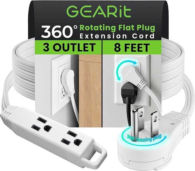 GEARit 360 Rotating Flat Plug Extension Cord (8ft, White) Multi 3-Outlet Extension 16 AWG Wire, Adapter for Small Spaces, Right Angle Socket, ETL Certified - 8 Feet