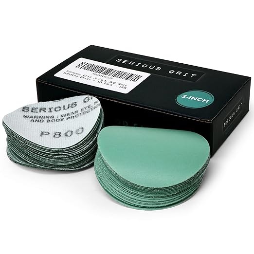 Serious Grit 3-Inch 800 Grit Aluminum Oxide Sanding Discs - Heavy-Duty Hook & Loop Film Discs - Green - Compatible with Drill & Lathe - Pack of 50