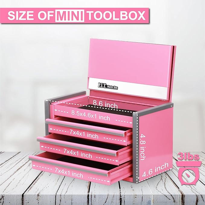 P.I.T. Mini Pink Tool Box, Portable 3 Drawer Steel Stackable Tool Box with Magnetic Tab Locking, Pink Micro Top Chest with Liner for Tools Storage and Organizers, Home DIY